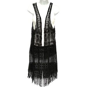 Vest Fringe Crochet Cottagecore Boho Hippie Size M Black Open Long